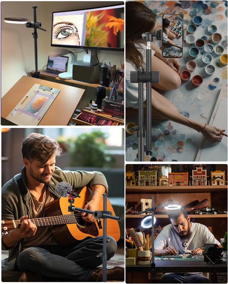 JEBUTU Overhead Camera Mount Desk Stand, Camera Arm Desk Mount Clamp Stand with 360°Adjustable Magic Arm, Webcam Arm Mount Stand w Ballhead Phone Mount for Desk Logitech Microphone Video Light Cell Phone - Image 2